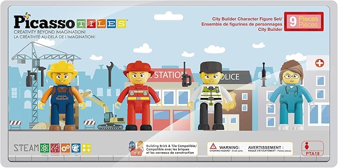 Picasso Toys Magnetic Action Figures 4 Piece City Builder Character for Magnet Building Block Tiles Expansion Pack Construction Toddler Toy Educational STEM Learning Pretend Playset Age 3 and up PTA18