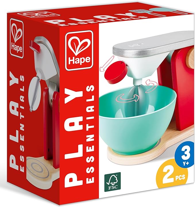 Hape: Wooden Mix & Bake Set - Red - Wooden Kitchen Toy Appliance, Pull String Spinning Blades, Realistic Baking, Interactive Pretend Play, Kids Age 3+