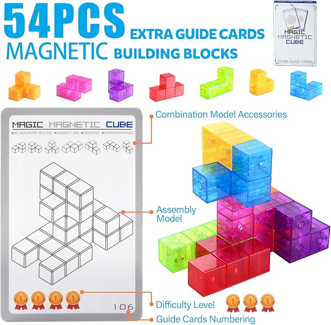 Magnetic Building Blocks Stacking 3D Puzzle Cubes, 7 Multi Shapes Magnetic Blocks with 54 Guide Cards, Educational Toys for Toddlers, Montessori Toys for Boys Girls