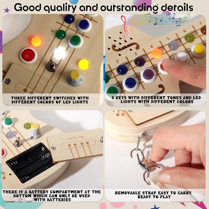 LED Busy Board, Wooden Sensory Toys for Toddler, Montessori Music Toy for Airplane, Travel Activity Educational Learning Toy, Busy Light Switch Autism Toys, Birthday Boys Girls Gifts