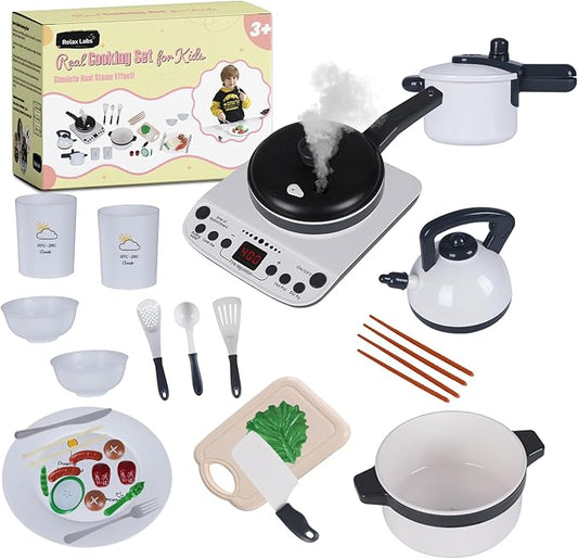 Kids Kitchen Playset - Realistic Steaming Pan, Pretend Stove Toy Set with Play Kitchen Accessories - With Fruits, Vegetables, Kettle, Frying Pan, Cook Pot, Pressure Cooker - For Children Ages 3+ Years