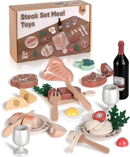 Wooden Play Food Set, Wooden Food Toys for Toddlers 1-3, Wooden Kitchen Toys Include Steak Pasta Wine Shopping Bag, Montessori Kitchen Tools for Toddlers, Cut Fruit Gift for Girl Boy 3-5 Years