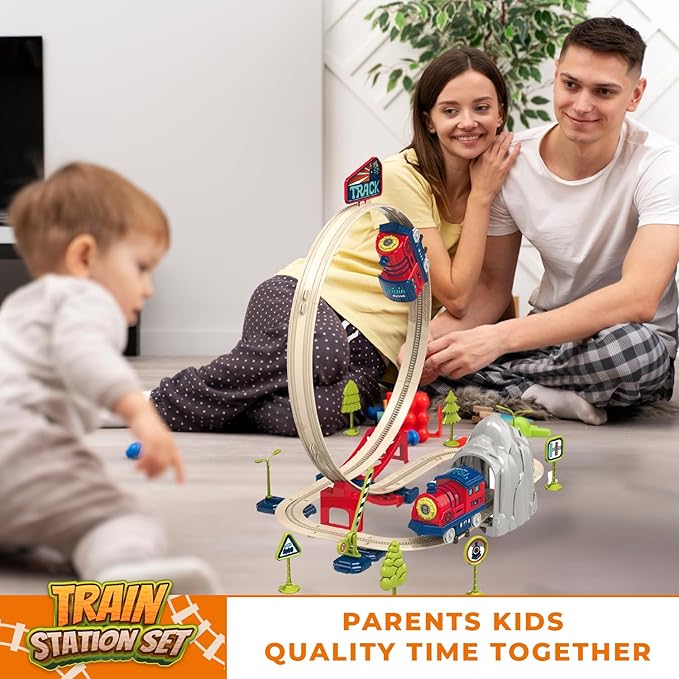 Electric Train Set for Toddlers 2-4 Kids Ages 3-5 - Railway Station with Loop, Bridge & Signs - DIY Montessori Educational Fun Trains Toy for Boys Girls Birthday Gift Train Set