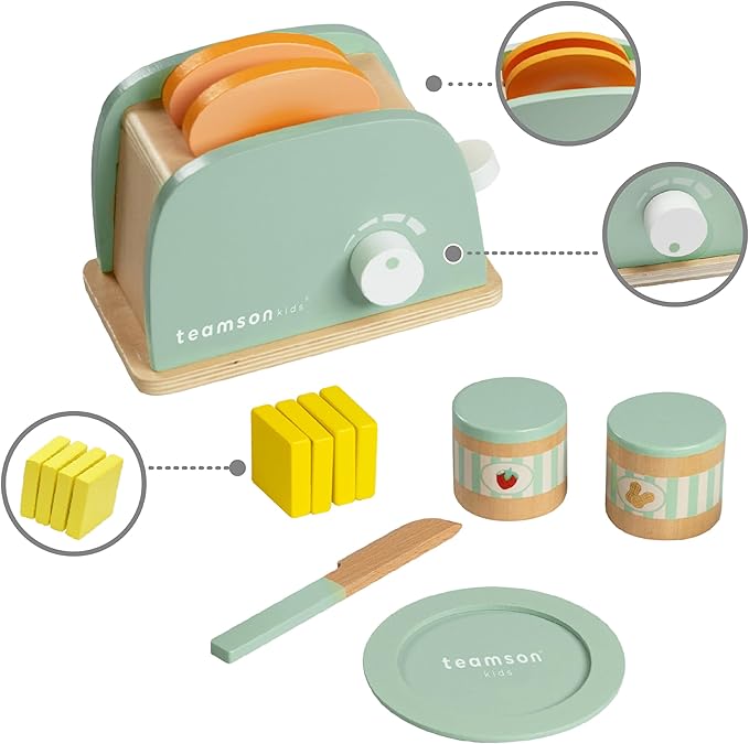 Teamson Kids Little Chef Frankfurt 11-pc. Wooden Play Kitchen Toaster Accessory Set with Pretend Food and Utensils