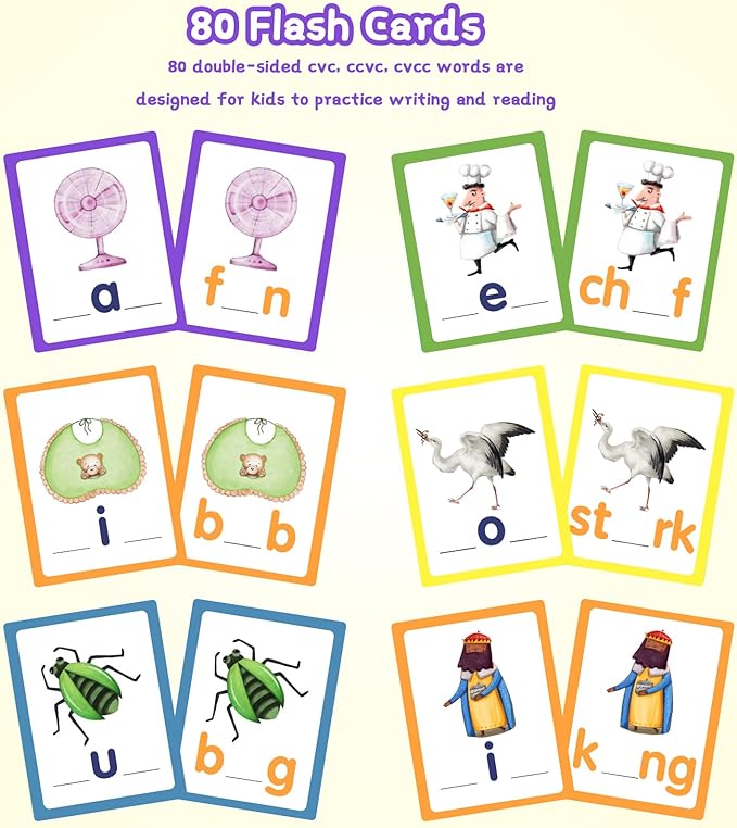 Phonics Sight Words Flash Cards Kindergarten, CVC Word Games Vowel Spelling Flashcards Learn to Read Write Montessori Educational Homeschool Supplies for Toddlers Preschool Learning Activities