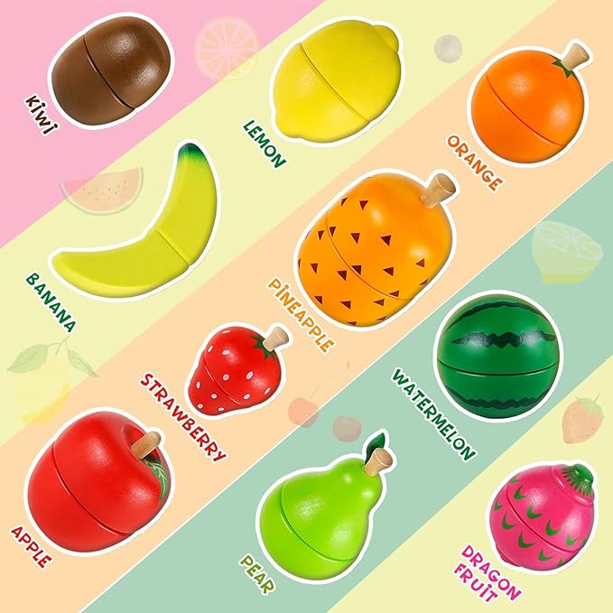 LOOIKOOS Wooden Play Food for Toddlers, Montessori Toys for 3 4 5 Years Old Pretend Cutting Fruits Set for Toddlers Play Kitchen Gift for Kids Educational Toy