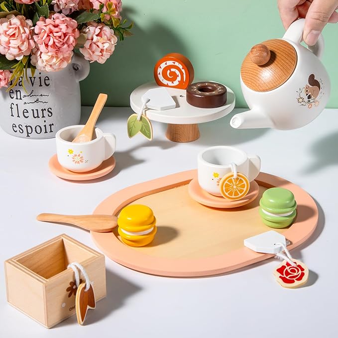 OMYBaby Wooden Tea Set for Little Girls, 19pcs Tea Party Playset with Teapot, Tea Cups, Dessert Stand, Macaroons, Cakes & Tray, Tea Time Playset Pretend Play Kitchen Toys Gift for Girls & Toddlers 3Y+