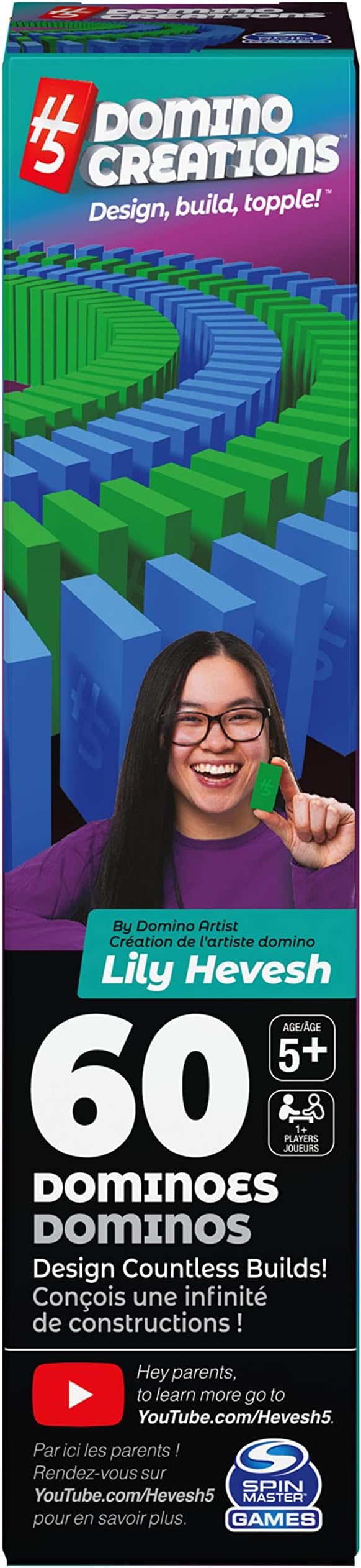 Spin Master Games H5 Domino Creations, 60-Piece Neon Blue/Green Set by Domino Artist Youtuber Lily Hevesh Classic Family Game, for Adults and Kids Ages 5 and up