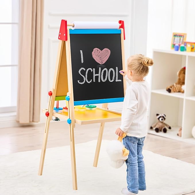Art Easel for Kids Easel for Toddlers, Adjustable Wooden Kids Drawing Easel with Magnetic Whiteboard & Chalkboard, Kids Dry Erase Board, Easel for Kids Ages 3 4-8 9-12,Green w/Tray