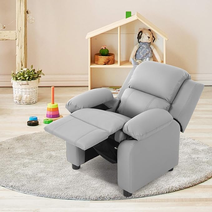Kids Recliner, Leather Lounge Chair w/Footrest, Armrest, Headrest & Lumbar Support, Ergonomic Toddler Sofa Armchair for Boys Girls (Gray)