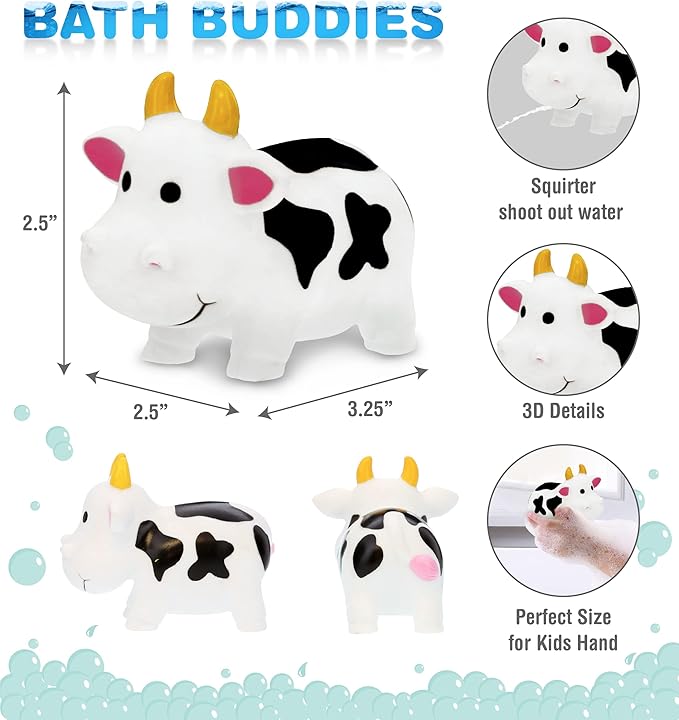 DolliBu Cow Bath Water Squirter Toy - Floating White Rubber Bath Toy, Cool Animal Squirting Bathtime Play Water Toy for Toddlers, Cute Farm Animal Bath Toys for Bathtub and Pool for Girls and Boys