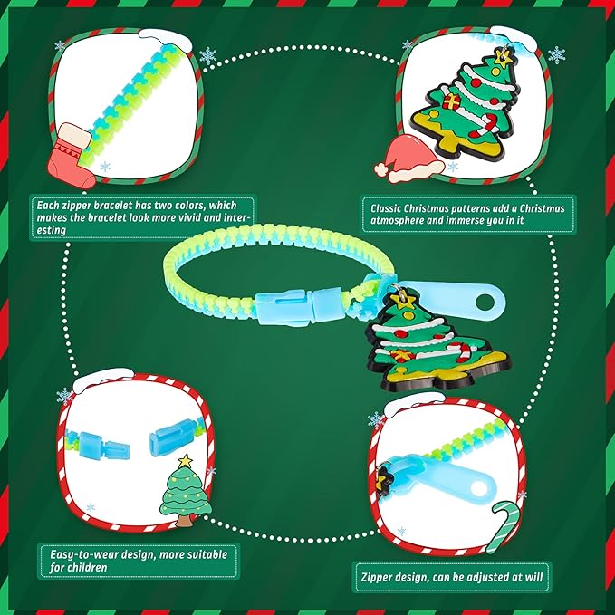 Hicarer 24 Pieces Christmas Zipper Bracelets Fidget Toys Bulk Neon Color Friendship Zipper Bracelet with Snowman Christmas Tree Santa Claus Pendant for Kids Christmas Birthday Party Favors