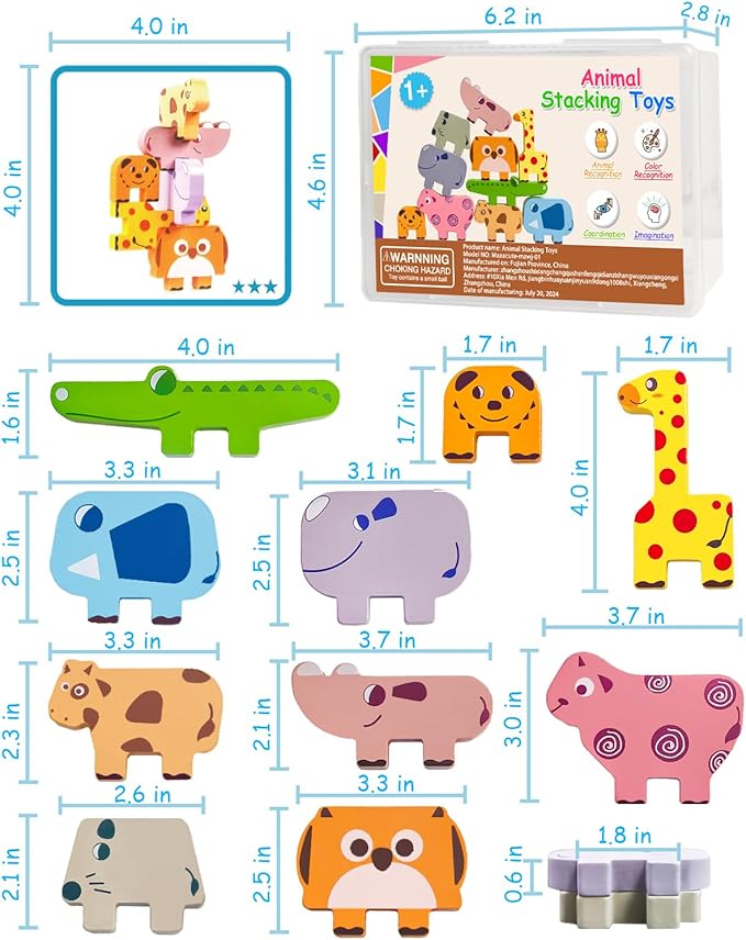 Montessori Toys for 1 2 3 4 Year Old Boys Girls, Toddler Toys Age 2-4, 10 Pack Wooden Animal Blocks Sorting & Stacking Education Toddler Puzzles Toys,1 2 3 4 Year Old Girl Boy Birthday Gifts