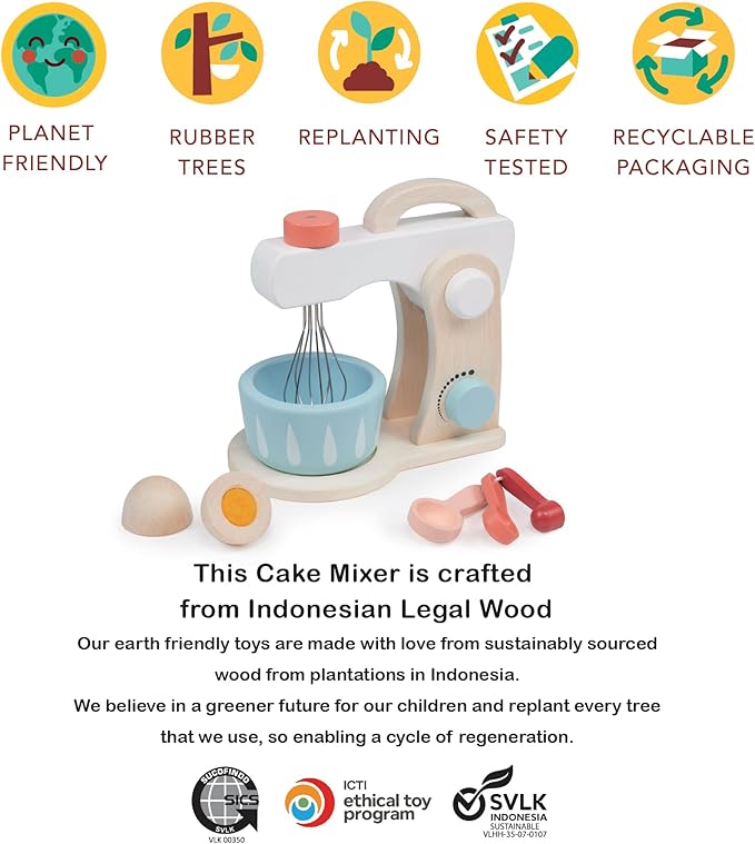 Mentari Toys - Cake Mixer - 7pc Wooden Baking Play Set - Pretend Play Kitchen Accessory with Bowl, Rotating Whisk, Egg and Measuring Spoons - Encourages Role Play and Fine Motor Skills - Age 3+