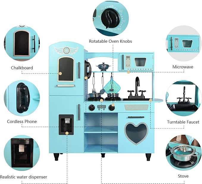 TaoHFE Toy Kitchen, Blue Kids Kitchen Playset for Kids Ages 4-8 Boys Gift Girls Play Kitchen Sets for Kids Kitchen Playset with Lights and Sounds Wooden Toy Kitchen Playset Gift Kids Kitchen Set