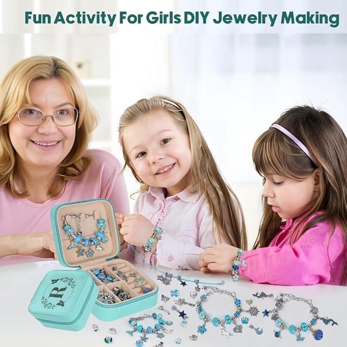 Charm Bracelet Making Kit, Kid Jewelry Making Kit for Girls 8-12, Unicorn Craft Kits for Teen Girls Toys Ages 3-10 Years Old Girl Gifts Trendy Stuff Birthday Christmas Gift with Initial Jewelry Box- R