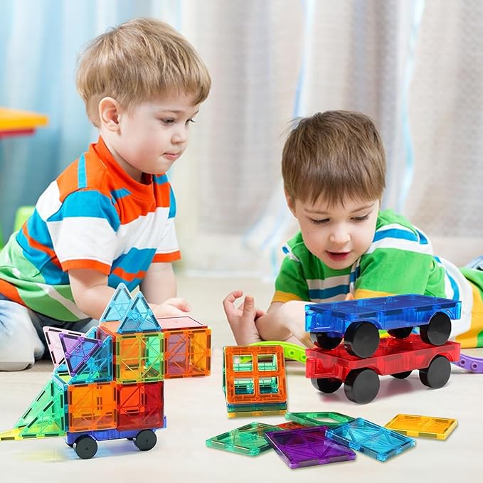 Magnetic Tiles Cars Construction Set, 4 PCS Magnetic Cars Magnetic Building Blocks Cars Toy for Kids Ages 4-8 3-5 Magnet Bricks Truck Kit Educational Sensory Toys Gifts for 3+ Year Old Boys & Girls