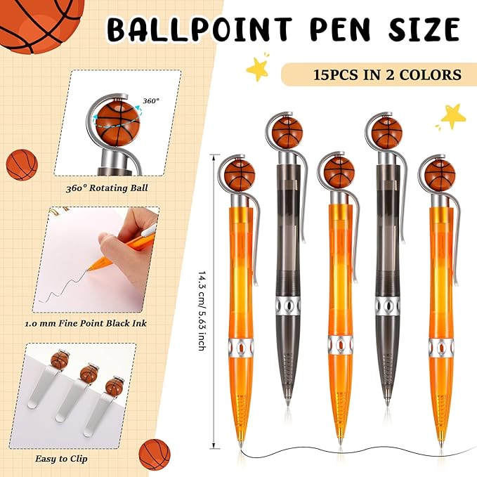 Sabary 30 Pcs Basketball Party Favors Set, 15 Pcs Basketball Pens 15 Pcs Basketball Theme Bracelets Ballpoint Pen Adjustable Bracelet Basketball Party Gifts for School Kids Teens Team Members