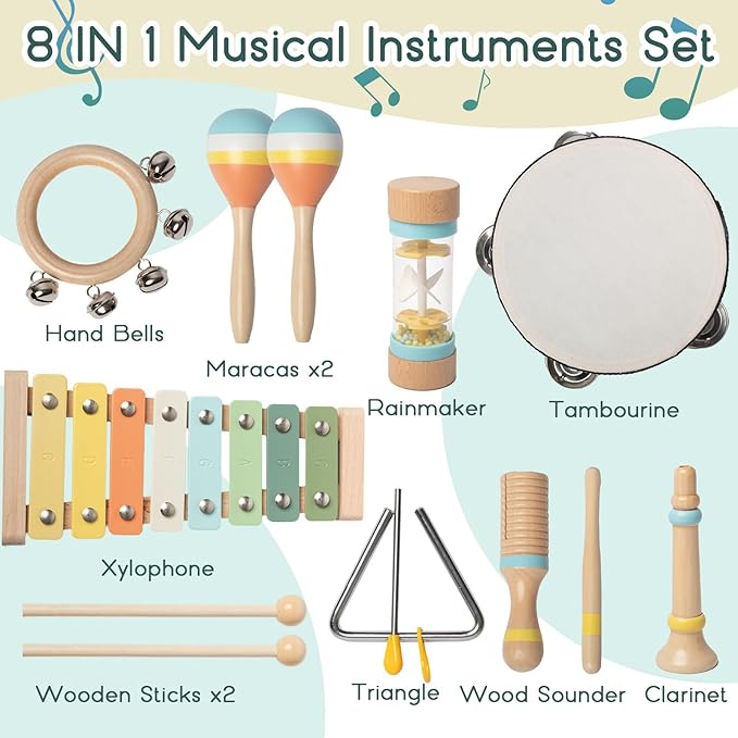 Toddlers Musical Instruments - Montessori Musical Toys for Toddlers 1-3,Modern Boho Xylophone,Neutral Colors Wooden Percussion Instruments Set