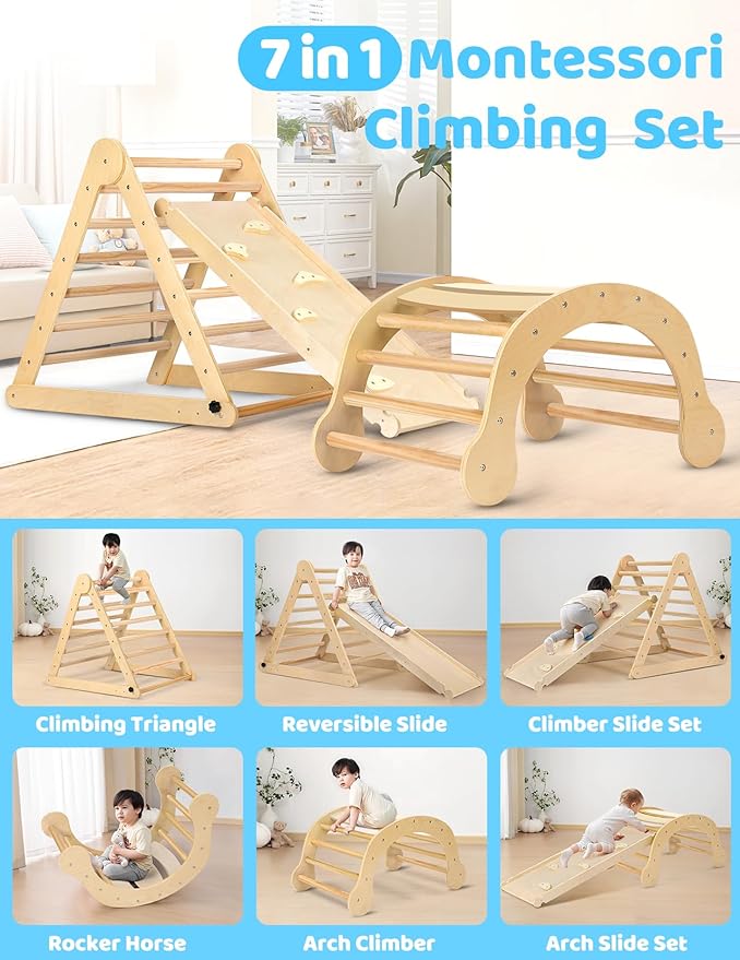 YOLEO Large Pikler Triangle Set, Wooden Toddler Climbing Toys Indoor with Safer Sturdy Base, Montessori Pikler Triangle Climbing Set for Kids' Indoor Climber & Playground & Jungle Gym (Natural)