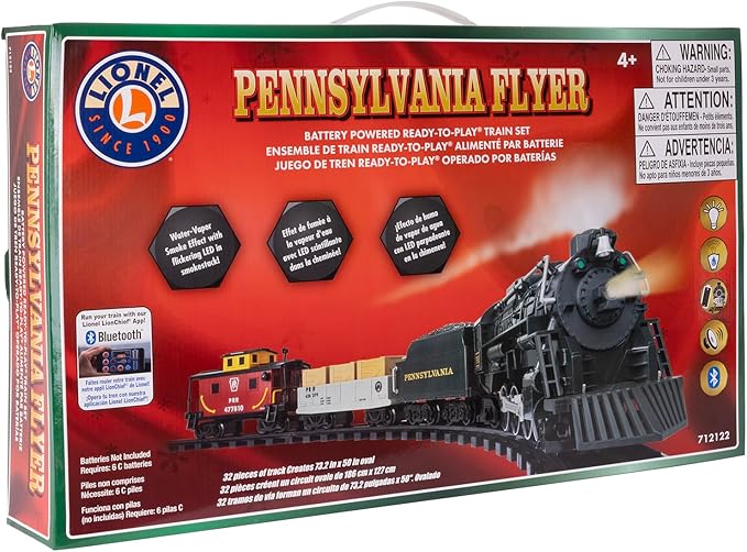 Lionel Battery-Operated Pennsylvania Flyer Freight Toy Train Set with Bluetooth, Locomotive, Train Cars, & Track with Authentic Train Sounds, Lights, & Water Vapor Smoke Effects for Kids 4+