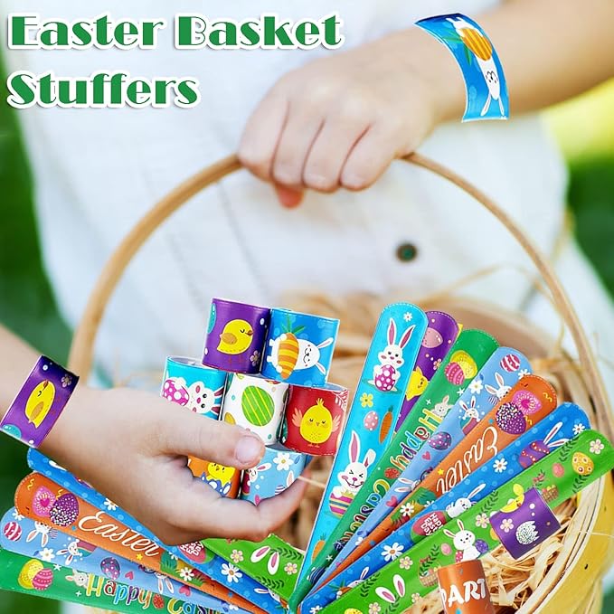 100Pcs Easter Slap Bracelets, Easter Basket Stuffers Party Favors Snap Wristbands for Kids Egg Fillers Gifts Exchange Gifts, Egg Hunt Event, Classroom Prizes, School Supplies