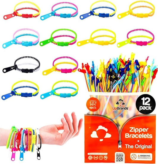 UpBrands Bi-Color 7 1/2-Inch Zipper Bracelets (12-Pack) | Kids' Trendy Dual-Tone Friendship Accessory, Perfect Fidget Toy for Classroom and Parties, Zipper Fun for All Ages