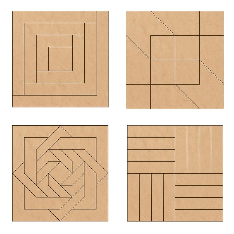 Set of Four 9 Inch Barn Quilt Kit DIY Pattern Unfinished Wood Quilting Block Sign Paintable Crafts for Women, Children, Men, Party (Log Cabin, Road to Oklahoma, Slip Knot, Rail Fence) AVTRBoutique