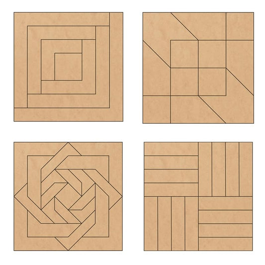 Set of Four 9 Inch Barn Quilt Kit DIY Pattern Unfinished Wood Quilting Block Sign Paintable Crafts for Women, Children, Men, Party (Log Cabin, Road to Oklahoma, Slip Knot, Rail Fence) AVTRBoutique