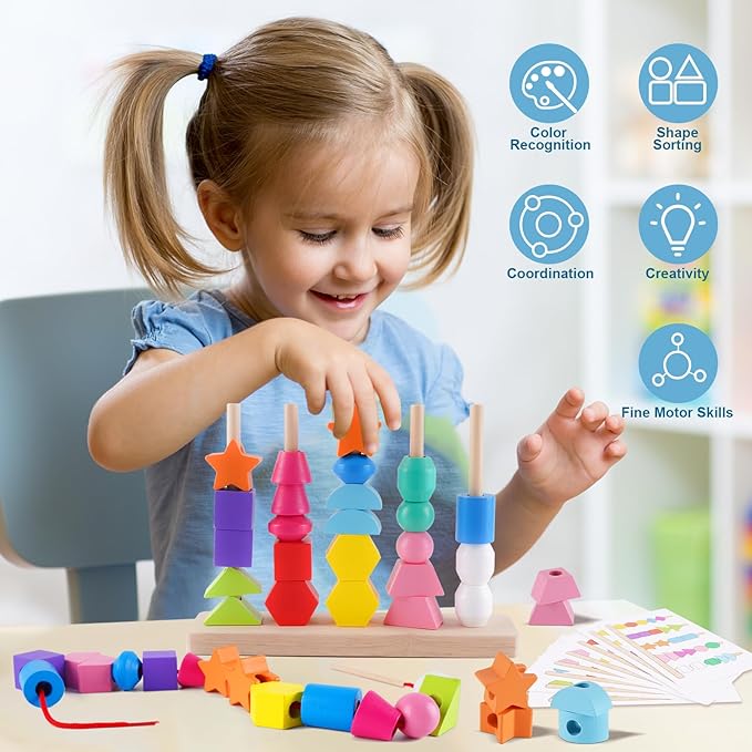 Toddler Montessori Toys Wooden Beads Sequencing Toy Set, Stacking Blocks, Matching Shapes, Lacing Beads, Shape Sorter Toys for 2 3 4 5 Year Old Boys Girls, STEM Preschool Learning Toys Gifts for Kids
