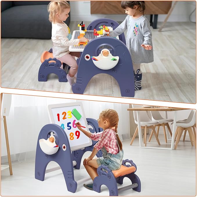 Easel for Kids, Art Easel with Magnetic Painting Board & Building Blocks, 2 in 1 Kids Table & Chair Set, Children Convertible Activity Table Set for Drawing Reading Art Playroom