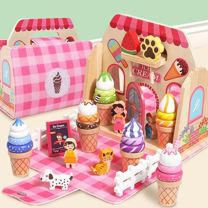 Migargle Wooden Ice Cream Shop Playset - Pretend Play Food & Kitchen Accessories for Kids Ages 3+, Portable Handbag Included, Ideal Christmas & Birthday Gifts for Girls and Boys