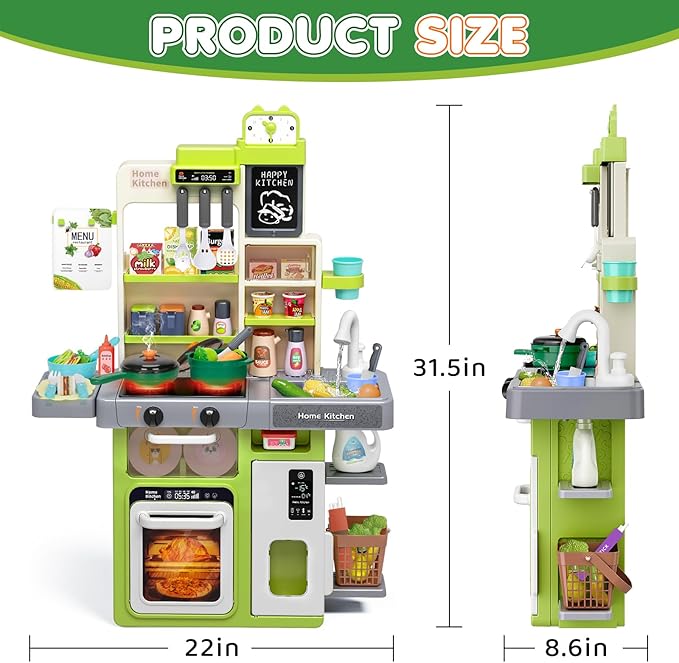 Kids Play Kitchen Set, Toddler Kitchen Playset with Sound & Light, Cooking Stove with Steam, Play Sink, Play Food Toy and Kitchen Accessories, Pretend Kitchen Toy for Kids Girls Boys 1-3
