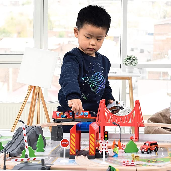 Giant bean Battery Operated Electric Locomotive Magnetic Train Set for Wooden Train Tracks, Powerful Engine Compatible with Most Brands, Wood Train Track Toys for Kids 3+