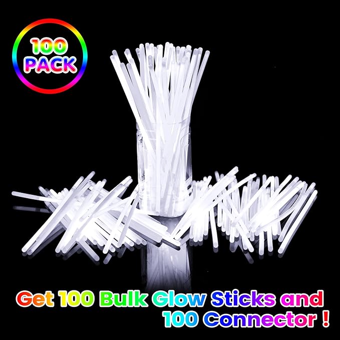 White Glow Sticks Bulk Party Favors 100 Pack 8" Glow in the Dark Party Supplies Neon Party Decorations Glow Bracelets Necklaces for Adults Kids Halloween Christmas Easter Birthday Wedding