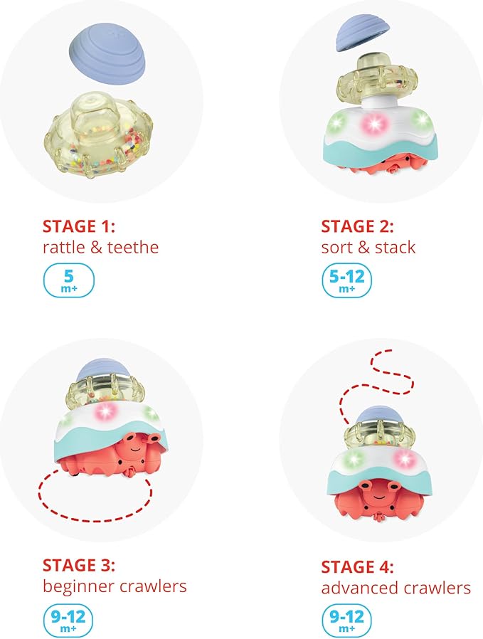 Skip Hop Baby Crab Crawl Toy Stack & Crawl 4-in-1 Sensory Development Infant Tummy Time Toy with Lights Sounds and Music Age 5m+