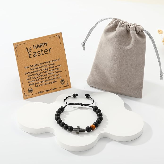 P. BLAKE First Communion Confirmation Baptism Gifts for Boys Teens, American Flag Cross Natural Beads Bracelet Christian Religious Jewelry Gifts for Teen Boys Kids
