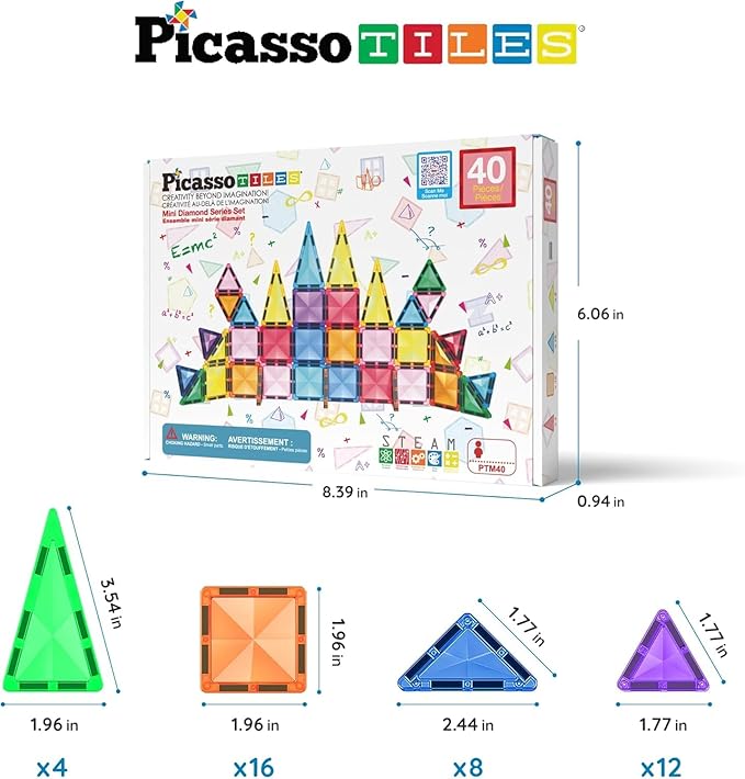 PicassoTiles Magnetic Tiles Building Blocks Mini Size Diamond Series Magnet Toys Travel Size On-The-Go Magnets Construction Sensory Toys Gifts Educational Set STEM Learning Kit Playset PTM40