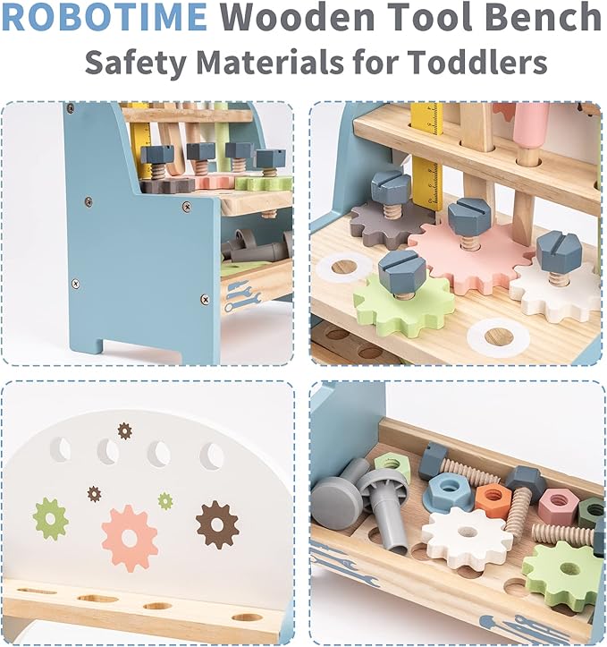 ROBOTIME Tool Bench Set for Toddlers - Mini Wooden Work Bench for Kids, Construction Toys w/Wooden Tools, Educational Pretend Play Gift Building Toy Tools Set for 18 Months 2 3 4 5 Boys Girls