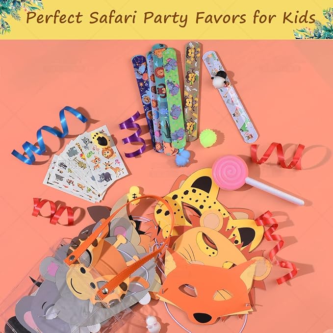 65Pcs Safari Jungle Animal Themed Birthday Party Favors for Kids, Baby Shower/Wild-One/Zoo Woodland Party Gift Goodie Bag Stuffers, Include Animal Masks/Slap Bracelets/Tattoos/Animal Squishies Toys