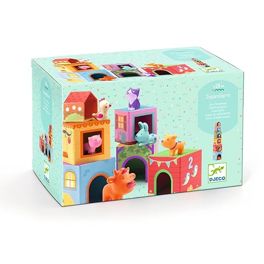 DJECO Topanifarm Blocks - Build a Farm, Wooden Blocks & Animal Toys for Home, School or Gifts - Fun & Creative for Family & Friends - Playful, Educational Toys for Preschool, Kids Months 18+