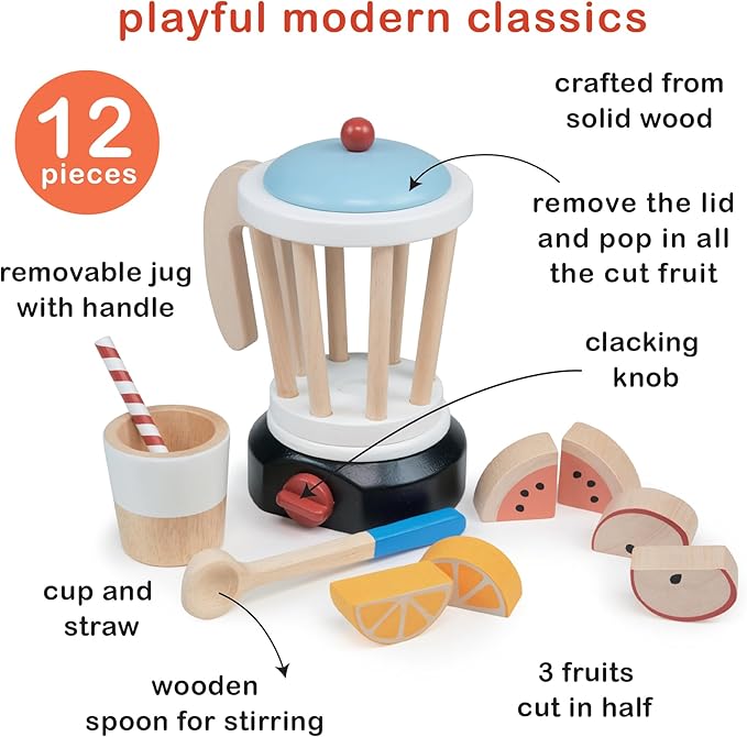 Mentari Toys - Smoothie Maker - 12pc Wooden Blender Play Set with Fruit, Cup, Straw & Spoon - Pretend Play Kitchen Toy for Toddlers - Encourages Creativity, Fine Motor Skills & Healthy Eating - Age 3+