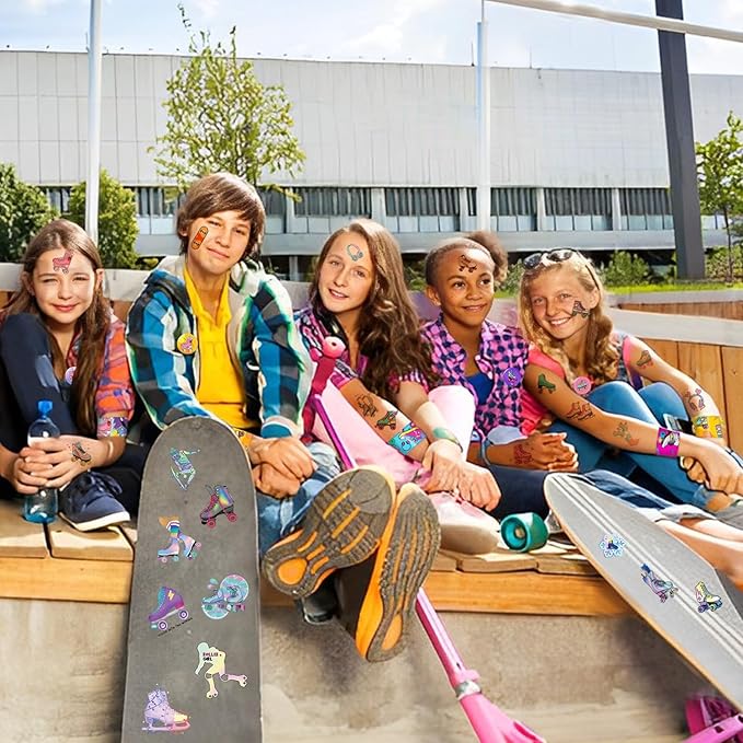 110PCS Roller Skate Party Favors with Slap Bracelets, Stickers, Key Chains, Pin Badges, Tattoos and Gift Bags for Kids Throwback 90s Hip Hop Roller Skating Birthday Party Decorations Supplies