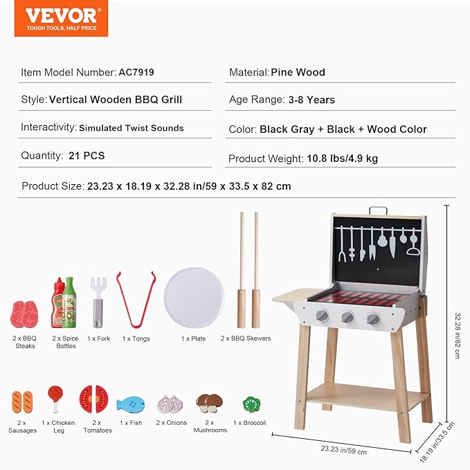 VEVOR Wooden Play Barbecue Toy Grill, Kids Grill Playset with Play Food and Grilling Tools, Wooden Play Food Kitchen Accessory (21 PCS), Pretend Play Cooking Toy for Toddlers Boys Girls Age 3+ Gift
