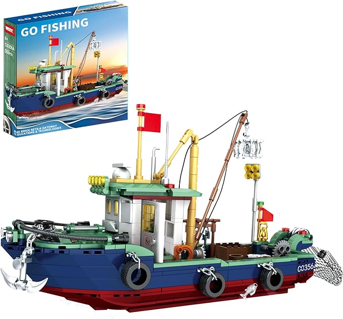 Fishing Boat Building Blocks Sets, Compatible with Lego Boat Sea Fishing Building Blocks Toy Set Collection Decoration, Gifts for Boys and Girl Ages 6-12 Years Old and up, 582 Pcs