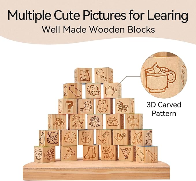 Building Blocks Set Wooden Blocks for Toddlers Rainbow ABC Letter Alphabet Stacking Blocks 26 Pcs Montessori Toys Educational Learning Toys for Kids Age 18 Months for Girls Boys