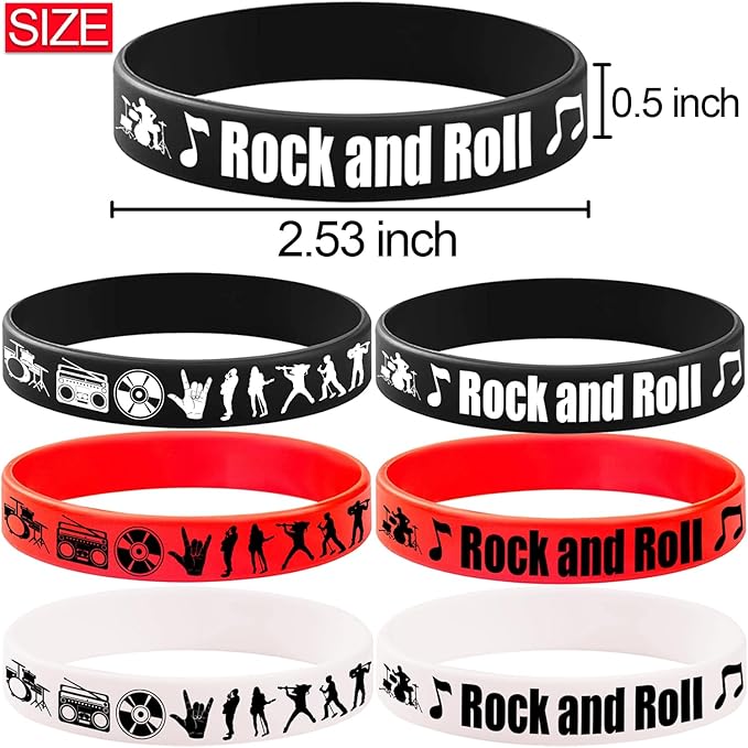 CupaPlay 24PCS Rock and Roll Rubber Bracelets -Rock and Roll Theme Party Supplies Decorations 80s 90s Party Music/Musical Birthday Baby Shower Silicone Wristbands Party Favors