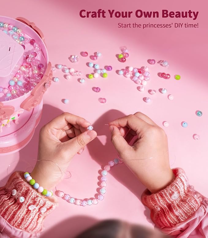 Geyiie Nail Polish Toys Makeup Set with Jewelry Making Kits, DIY Bead Bracelet Making Kit, Girls’ Vanity Set in Carousel, Nail Art Kits Gifts for Girls Teens Age 5-12