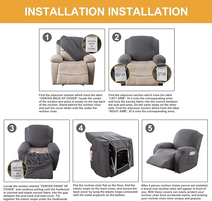 Genina Recliner Chair Covers, Stretch Reclining Chair Covers, Recliner Sofa Slipcovers Stripe Jacquard Lazy Couch Covers Furniture Protector Covers for Pet Kid (Navy Blue, 1 Seat)