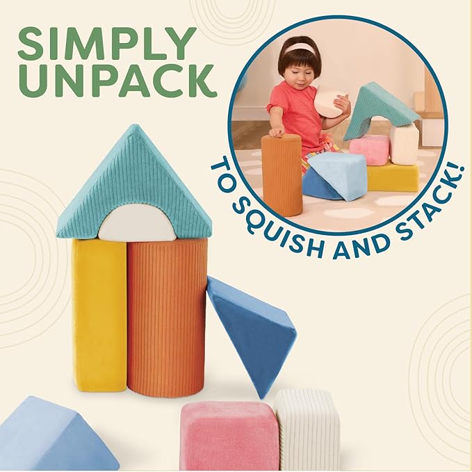 B. Toys - Sensory Foam Building Blocks for Kids - 8-Piece Textured Stacking Toys for Babies 6-12 Months - Soft Geometric Shapes with Tactile Fabric Cover - Foam Blocks for Toddlers
